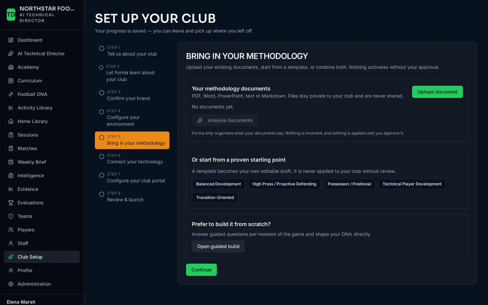 The methodology ingestion step, where club documents become a draft structure awaiting technical approval.