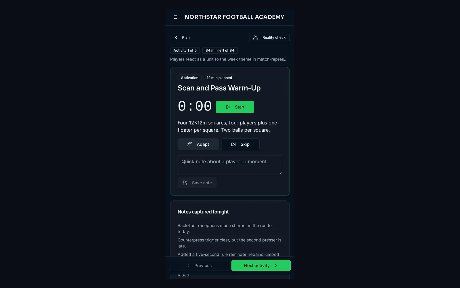 The mobile Practice Mode screen running an activity and capturing coach notes during training.